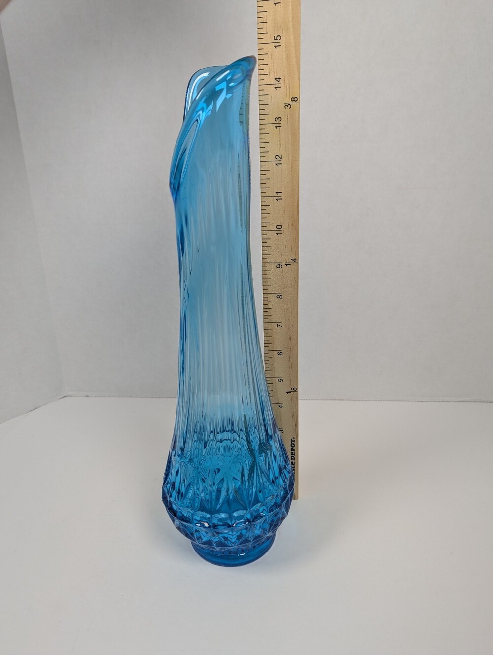 VTG Blue Art Glass Vase 14" Tall Asymmetrical Wavy Rim Faceted Geometric Base - Picture 2 of 12